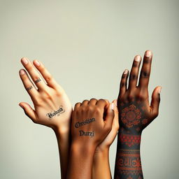 Five diverse hands holding each other in solidarity, each hand beautifully designed to showcase different cultural elements, with the labels on each hand elegantly inscribed: 'Sunni' in ornate script on the first hand, 'Alwai' on the second hand with intricate patterns, 'Christian' on the third hand featuring subtle religious symbols, 'Durzi' on the fourth hand adorned with traditional motifs, and 'Kurdish' on the fifth hand showcasing vibrant colors and designs