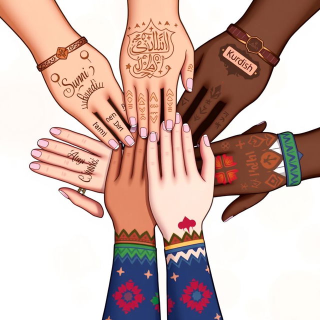 Five diverse hands holding each other in solidarity, each hand beautifully designed to showcase different cultural elements, with the labels on each hand elegantly inscribed: 'Sunni' in ornate script on the first hand, 'Alwai' on the second hand with intricate patterns, 'Christian' on the third hand featuring subtle religious symbols, 'Durzi' on the fourth hand adorned with traditional motifs, and 'Kurdish' on the fifth hand showcasing vibrant colors and designs