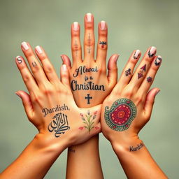 Five diverse hands grasping each other in a display of solidarity, each hand uniquely decorated to reflect different cultures, with the words 'Sunni' inscribed in elegant script on the first hand, 'Alwai' on the second hand with flowing patterns, 'Christian' on the third hand incorporating subtle religious symbols, 'Durzi' on the fourth hand embellished with traditional designs, and 'Kurdish' on the fifth hand featuring vibrant colors and patterns