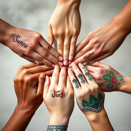 Five diverse hands grasping each other in a display of solidarity, each hand uniquely decorated to reflect different cultures, with the words 'Sunni' inscribed in elegant script on the first hand, 'Alwai' on the second hand with flowing patterns, 'Christian' on the third hand incorporating subtle religious symbols, 'Durzi' on the fourth hand embellished with traditional designs, and 'Kurdish' on the fifth hand featuring vibrant colors and patterns