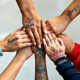 Five diverse hands grasping each other in a display of solidarity, each hand uniquely decorated to reflect different cultures, with the words 'Sunni' inscribed in elegant script on the first hand, 'Alwai' on the second hand with flowing patterns, 'Christian' on the third hand incorporating subtle religious symbols, 'Durzi' on the fourth hand embellished with traditional designs, and 'Kurdish' on the fifth hand featuring vibrant colors and patterns