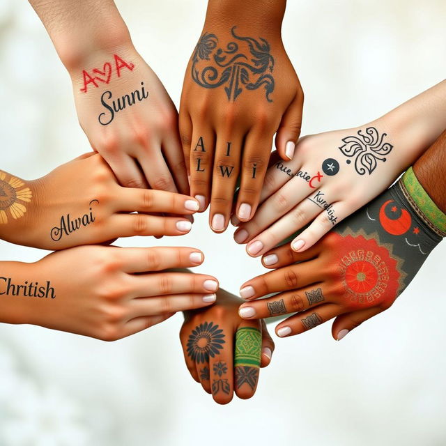 Five diverse hands grasping each other in a display of solidarity, each hand uniquely decorated to reflect different cultures, with the words 'Sunni' inscribed in elegant script on the first hand, 'Alwai' on the second hand with flowing patterns, 'Christian' on the third hand incorporating subtle religious symbols, 'Durzi' on the fourth hand embellished with traditional designs, and 'Kurdish' on the fifth hand featuring vibrant colors and patterns