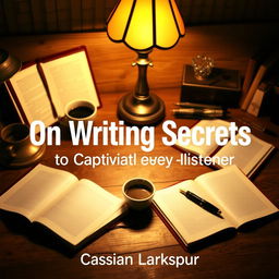 A cozy writing space featuring an inviting wooden desk adorned with open notebooks, a classic fountain pen, and a steaming cup of coffee