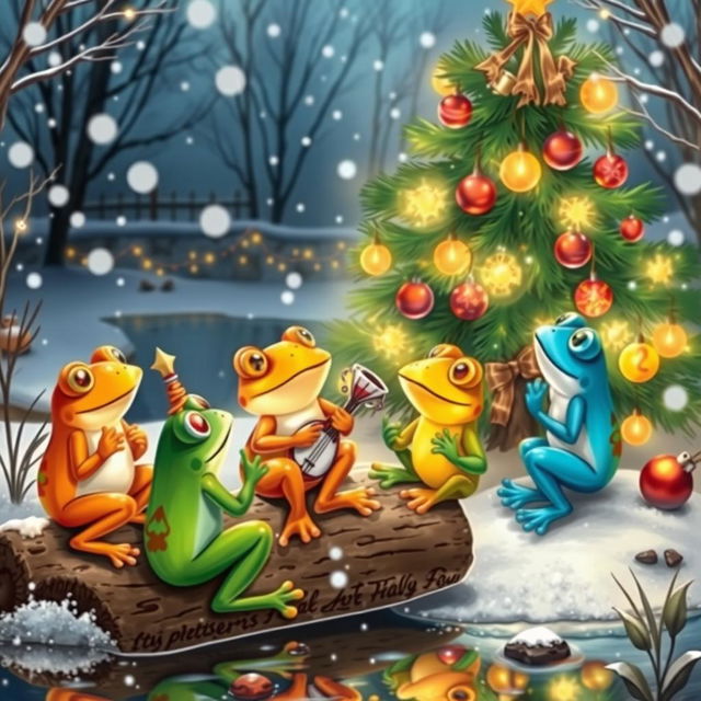 A whimsical and cheerful scene featuring a group of colorful frogs joyfully singing a song of blessing for life during Christmas