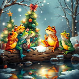 A whimsical and cheerful scene featuring a group of colorful frogs joyfully singing a song of blessing for life during Christmas