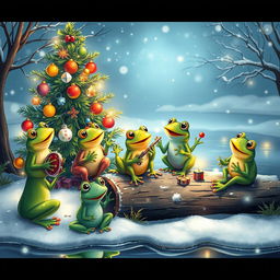 A whimsical and cheerful scene featuring a group of colorful frogs joyfully singing a song of blessing for life during Christmas