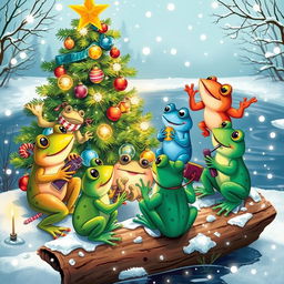 A whimsical and cheerful scene featuring a group of colorful frogs joyfully singing a song of blessing for life during Christmas