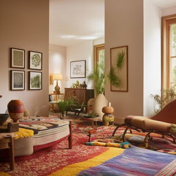 A beautifully decorated home with tasteful furniture, warm lighting, colorful rugs, potted plants and framed wall arts