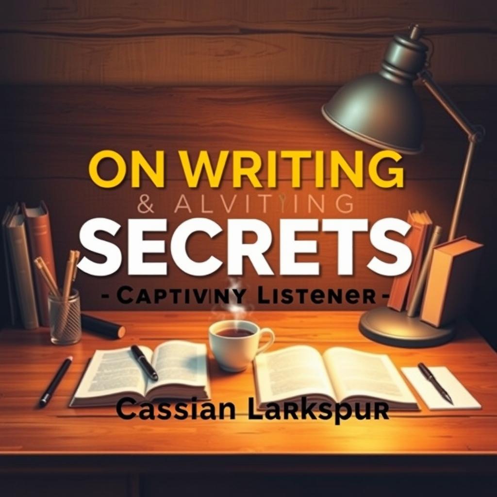 A realistic design for a book cover titled 'On Writing Secrets to Captivate Every Listener' by author Cassian Larkspur