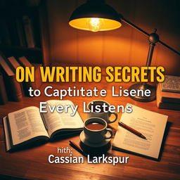 A cozy writing space featuring an inviting desk adorned with open notebooks and a steaming cup of coffee
