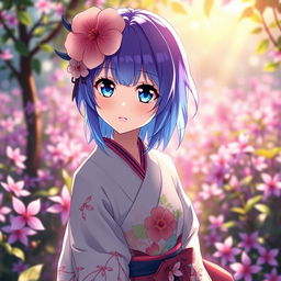 An anime girl inspired by the clitoria ternatea flower, featuring vibrant blue and purple hair that mimics the flower's colors and delicate petals