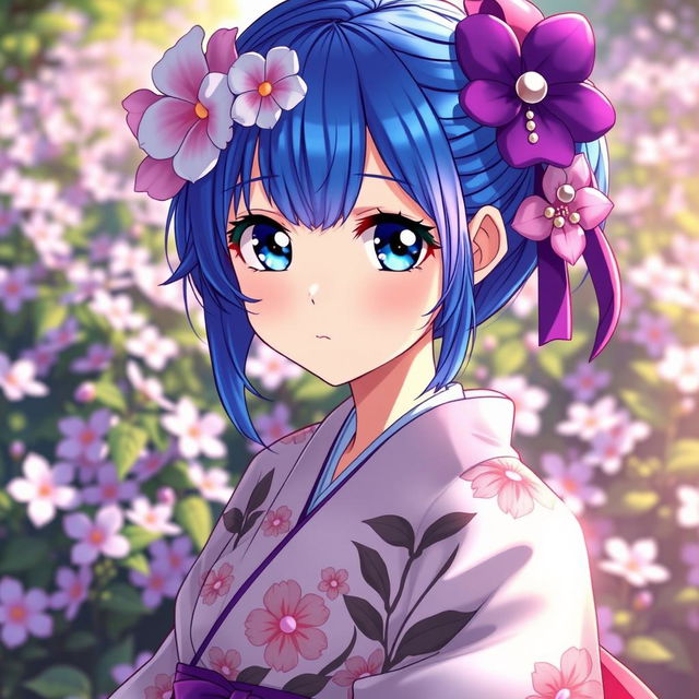 An anime girl inspired by the clitoria ternatea flower, featuring vibrant blue and purple hair that mimics the flower's colors and delicate petals