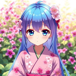 An anime girl inspired by the clitoria ternatea flower, featuring vibrant blue and purple hair that mimics the flower's colors and delicate petals