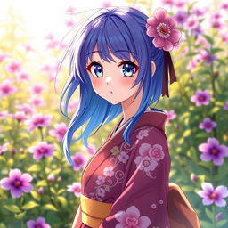An anime girl inspired by the clitoria ternatea flower, featuring vibrant blue and purple hair that mimics the flower's colors and delicate petals