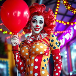 A sexy female clown with playful and vibrant makeup, wearing a colorful, form-fitting outfit adorned with polka dots and sequins