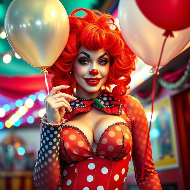 A sexy female clown with playful and vibrant makeup, wearing a colorful, form-fitting outfit adorned with polka dots and sequins