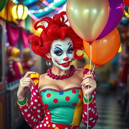 A sexy female clown with playful and vibrant makeup, wearing a colorful, form-fitting outfit adorned with polka dots and sequins