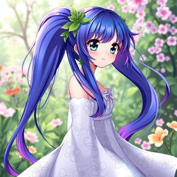 An anime girl design inspired by the vibrant blue and purple hues of the clitoria ternatea flower