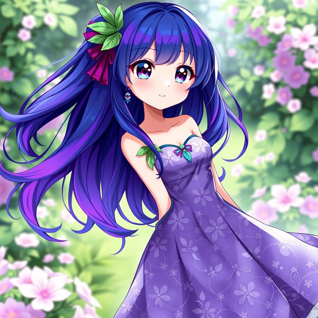 An anime girl design inspired by the vibrant blue and purple hues of the clitoria ternatea flower