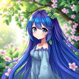 An anime girl design inspired by the vibrant blue and purple hues of the clitoria ternatea flower