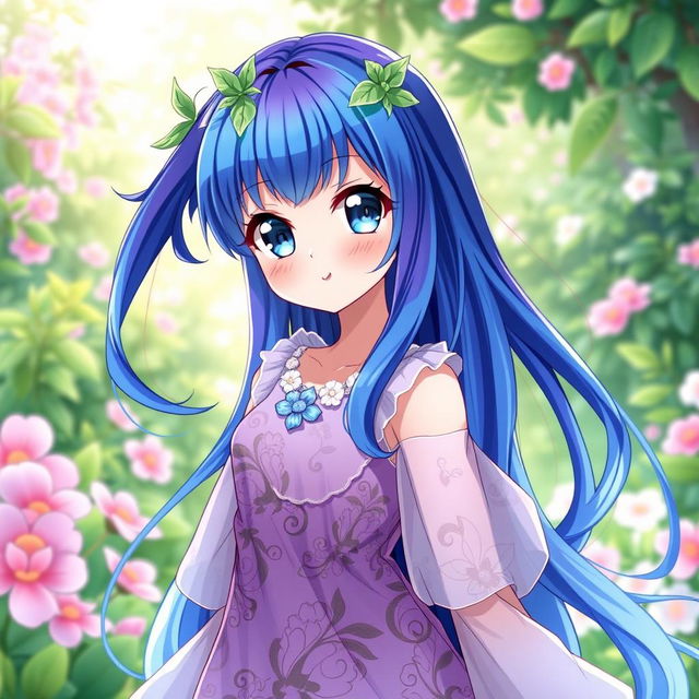 An anime girl design inspired by the vibrant blue and purple hues of the clitoria ternatea flower