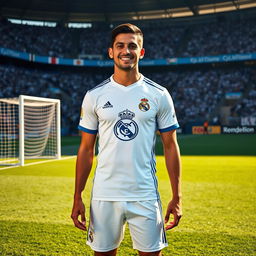 A full-body portrait of a male soccer player, Ramin Rezaiian, proudly wearing a Real Madrid shirt