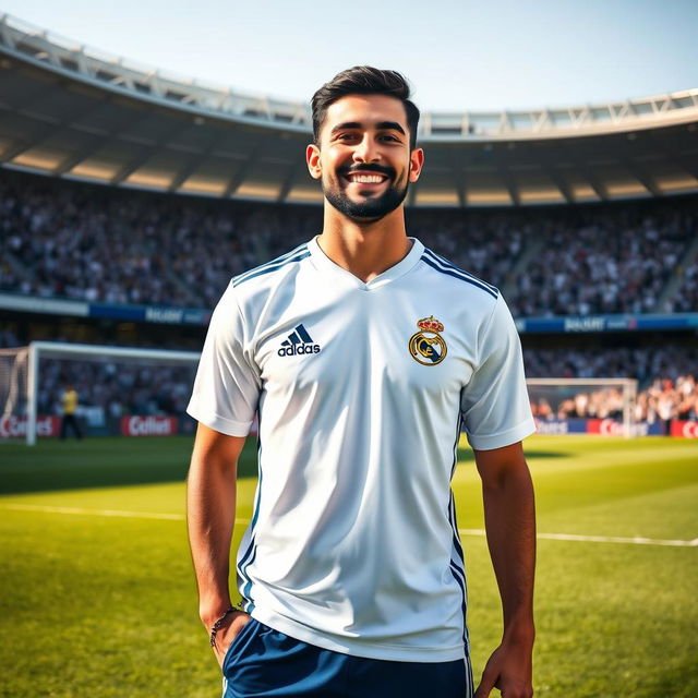 A full-body portrait of a male soccer player, Ramin Rezaiian, proudly wearing a Real Madrid shirt