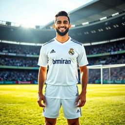 A full-body portrait of a male soccer player, Ramin Rezaiian, proudly wearing a Real Madrid shirt