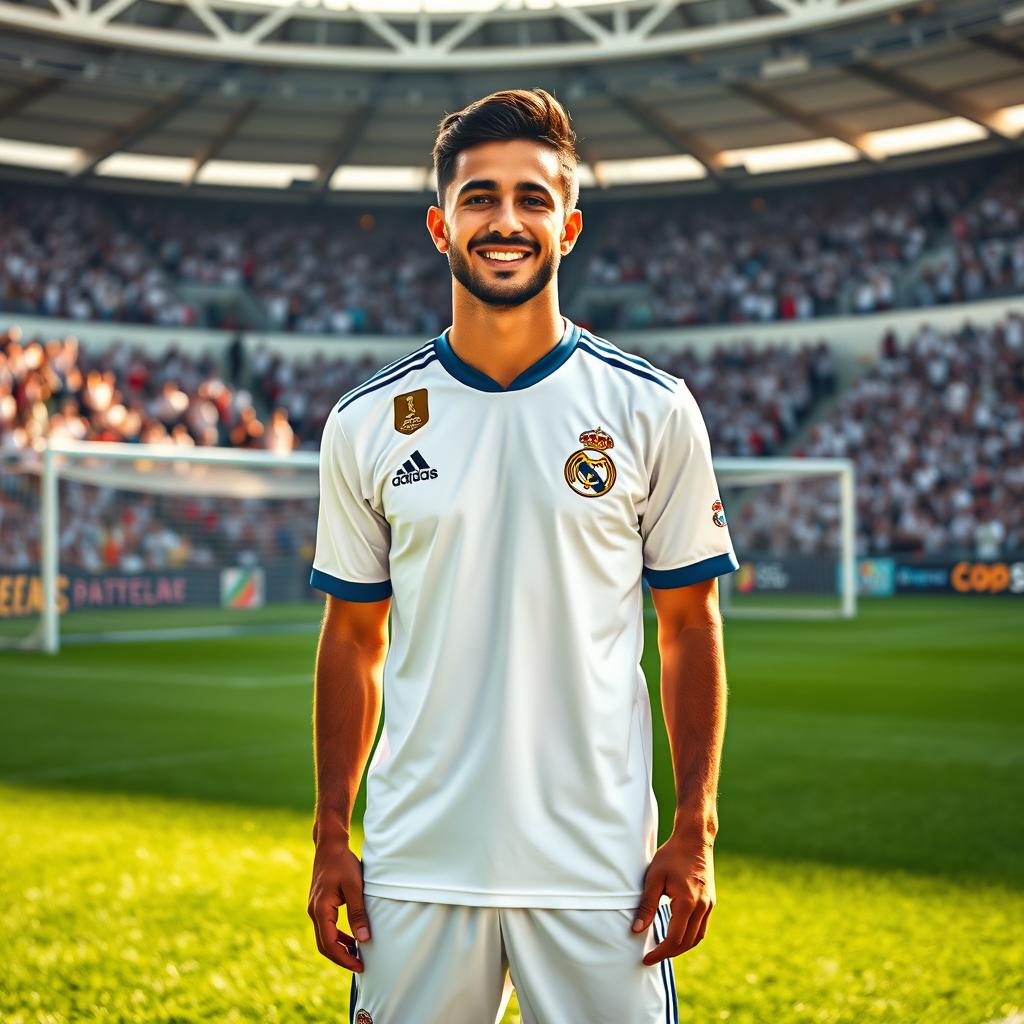 A full-body portrait of a male soccer player, Ramin Rezaiian, proudly wearing a Real Madrid shirt