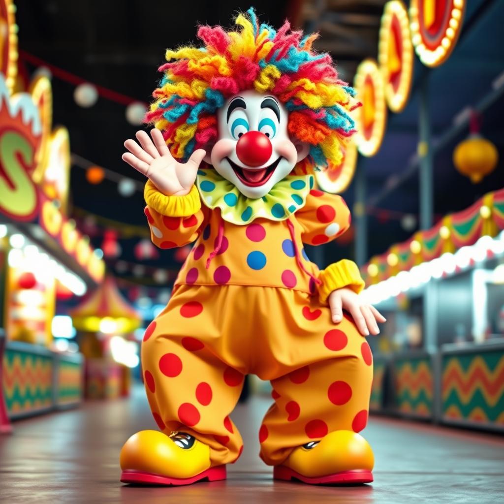 A playful clown character with a vibrant, colorful outfit featuring oversized, baggy pants and a polka-dotted shirt