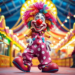 A playful clown character with a vibrant, colorful outfit featuring oversized, baggy pants and a polka-dotted shirt