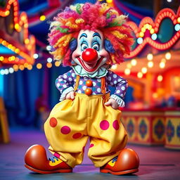 A playful clown character with a vibrant, colorful outfit featuring oversized, baggy pants and a polka-dotted shirt