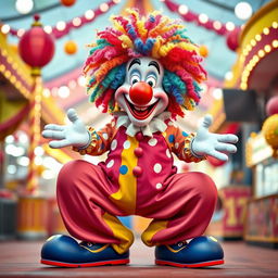 A playful clown character with a vibrant, colorful outfit featuring oversized, baggy pants and a polka-dotted shirt