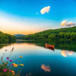 A stunning landscape featuring a serene lake surrounded by lush green forests under a clear blue sky