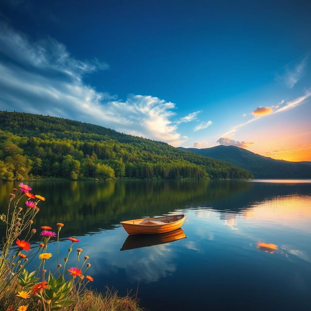 A stunning landscape featuring a serene lake surrounded by lush green forests under a clear blue sky