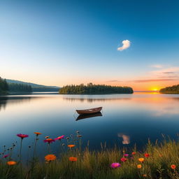 A stunning landscape featuring a serene lake surrounded by lush green forests under a clear blue sky