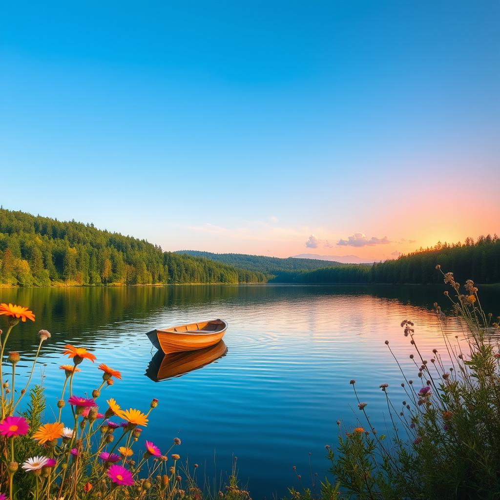 A stunning landscape featuring a serene lake surrounded by lush green forests under a clear blue sky