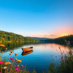 A stunning landscape featuring a serene lake surrounded by lush green forests under a clear blue sky