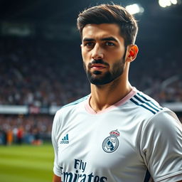 A close-up portrait of Mahdi Taremi wearing a Real Madrid football shirt, showcasing his distinctive features and expression