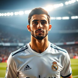 A close-up portrait of Mahdi Taremi wearing a Real Madrid football shirt, showcasing his distinctive features and expression