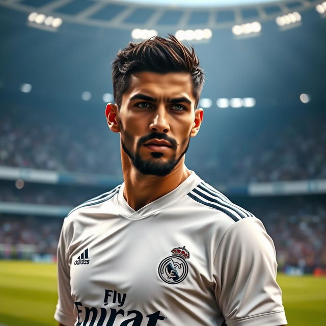 A close-up portrait of Mahdi Taremi wearing a Real Madrid football shirt, showcasing his distinctive features and expression