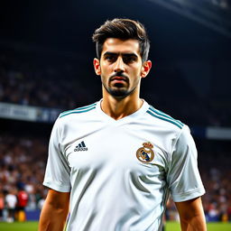 A close-up portrait of Mahdi Taremi wearing a Real Madrid football shirt, showcasing his distinctive features and expression