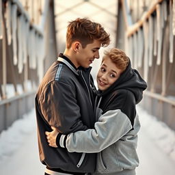 A tender and intimate scene featuring two high school boys in a lovers' embrace, highlighting their contrasting personalities