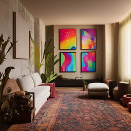 A beautifully decorated home with tasteful furniture, warm lighting, colorful rugs, potted plants and framed wall arts