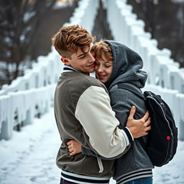 A tender and intimate scene featuring two high school boys in a lovers' embrace, highlighting their contrasting personalities