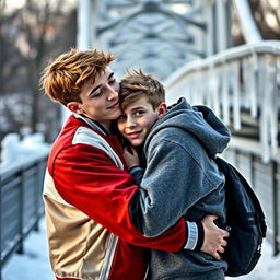 A tender and intimate scene featuring two high school boys in a lovers' embrace, highlighting their contrasting personalities
