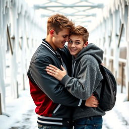 A tender and intimate scene featuring two high school boys in a lovers' embrace, highlighting their contrasting personalities