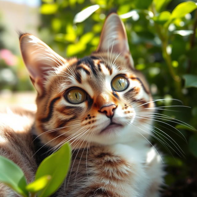 A stunning close-up photograph of a domestic cat with beautiful fur patterns, showing its expressive eyes and playful demeanor