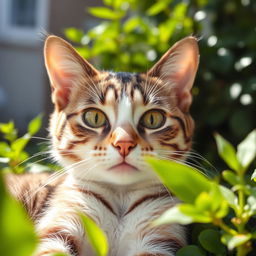 A stunning close-up photograph of a domestic cat with beautiful fur patterns, showing its expressive eyes and playful demeanor