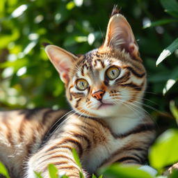 A stunning close-up photograph of a domestic cat with beautiful fur patterns, showing its expressive eyes and playful demeanor